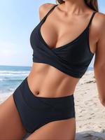 Women's Solid Twist Front Bikini Set, Casual V Neck Spaghetti Strap Swim Top & Ruched Swim Bottom, Ladies Summer Swimsuit for...