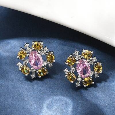 Flower Brass Micro Pave Cubic Zirconia Stud Earrings