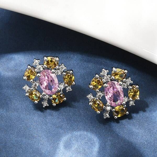 Flower Brass Micro Pave Cubic Zirconia Stud Earrings