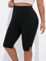 【Plus Size】 Camo Print / Solid Split Hem High Waist Skinny Knee Length Shorts, Summer Clothes Women, Casual Comfy Breat...