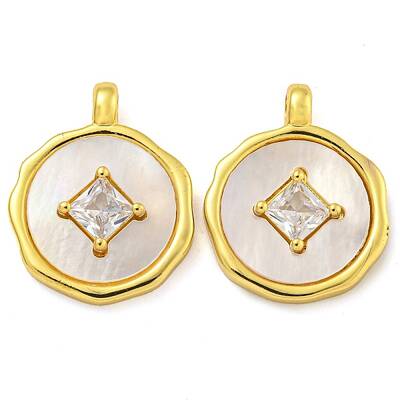 Flat Round Coin Shape Brass Cubic Zirconia Pendants with Shell
