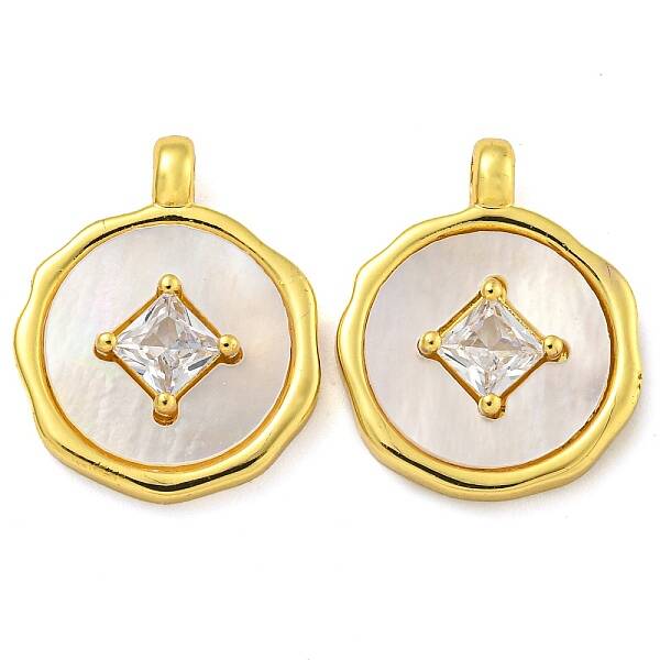 Flat Round Coin Shape Brass Cubic Zirconia Pendants with Shell
