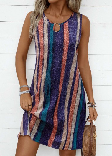 Modlily Multi Color Breathable Striped A Line Sleeveless Dress - XL