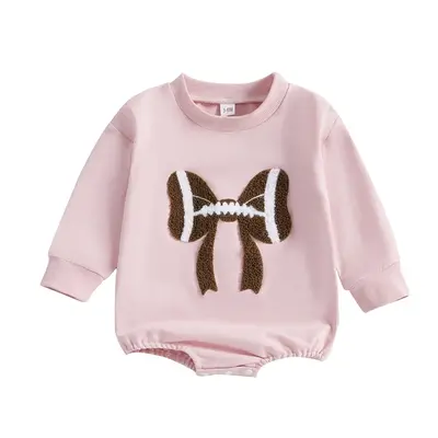 Newborn Baby Boy Girl Football Outfit Football Bow Sweatshirt Romper Oversized Long Sleeve Bubble Romper Bodysuit