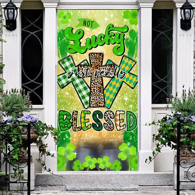 Aperturee Green Clover Cross Blessed St Patricks Day Door Cover, 30x80 Inch, 28.48 USD, party door covers, ANML081A-A