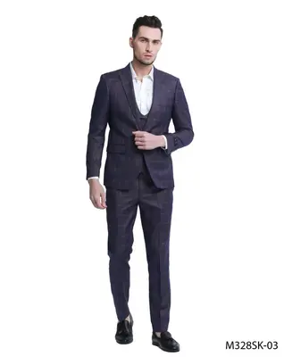 Design  Tazio Men's Skinny Fit 3 Piece Windowpane Suit Sleek Tailored Look