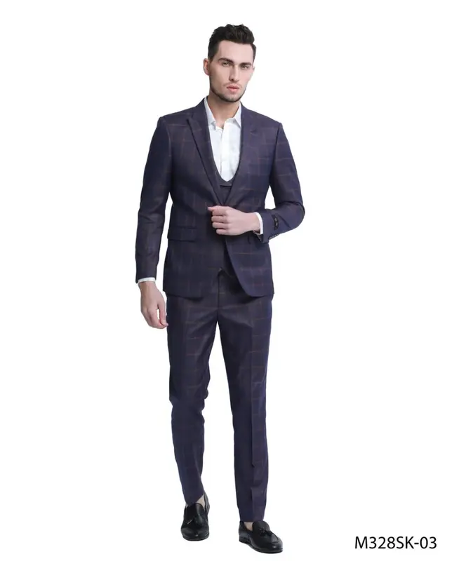 Design  Tazio Men's Skinny Fit 3 Piece Windowpane Suit Sleek Tailored Look