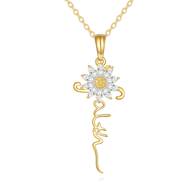 14K Gold Cubic Zirconia & Personalized Classic Name Sunflower Pendant Necklace