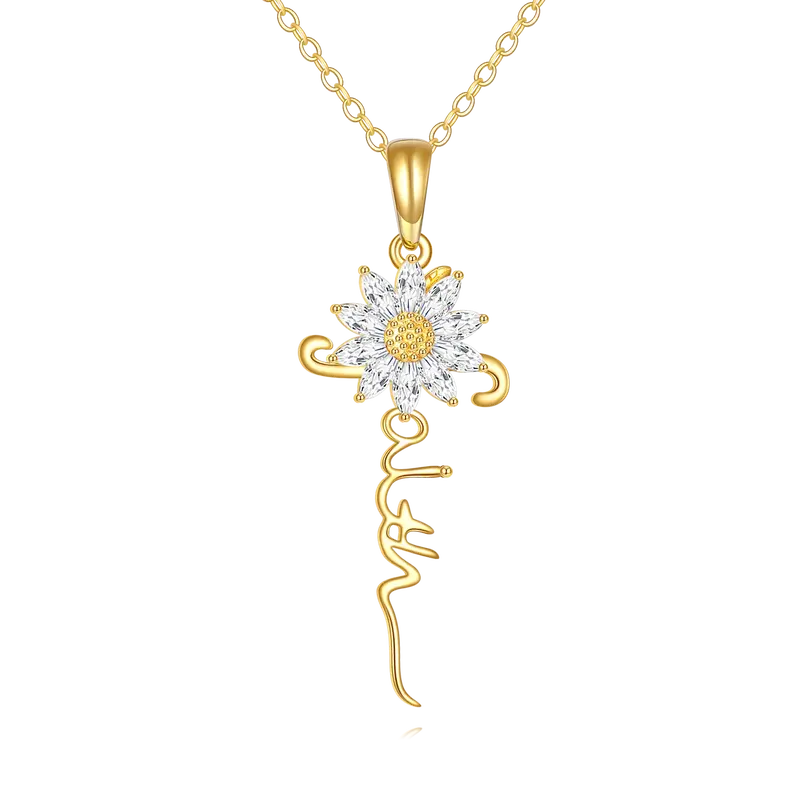 14K Gold Cubic Zirconia & Personalized Classic Name Sunflower Pendant Necklace