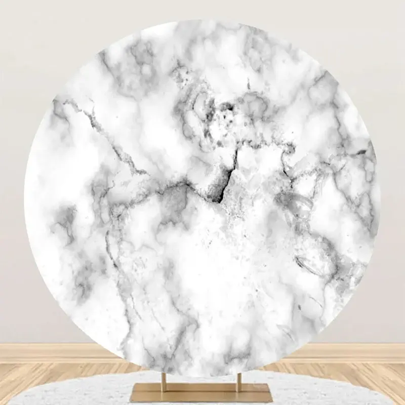 White Grey Marble Texture Round Birthday Backdrop - Aperturee
