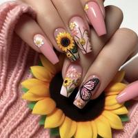 Sunflower & Butterfly Pattern Fake Nails with Nail File & Tape, 24pcs Pink Removable False Nails for Women Girls Nail Art, Ef...