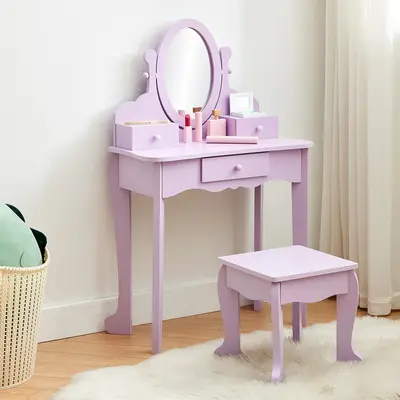 Garvee Kids Vanity Set with Adjustable Angle Mirror, Drawers and Stool Suitable for Age 3-10, Purple