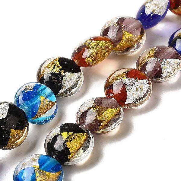 Handmade Gold Foil and Silver Foil Lampwork Flat Round Beads