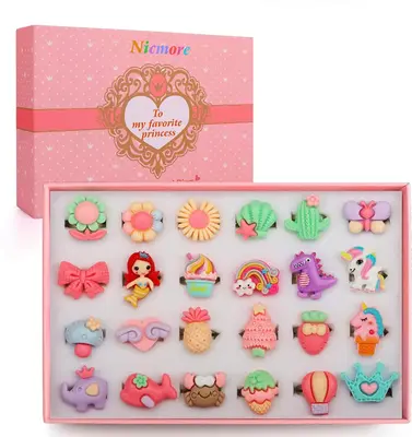 Nicmore Pretend Play Adjustable Rings Kids, Jewelry Rings for Girl Gifts | 24 PCS in Box, Cute Ring Toys for Kid and Dress Up...