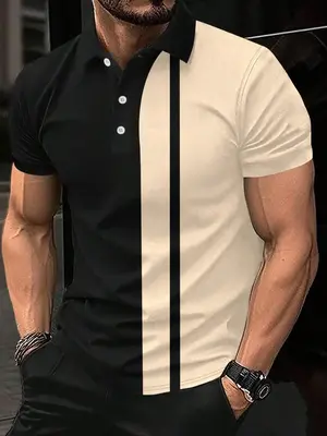 Men's Regular Fit Colorblock Short Sleeve Polo Shirt, Casual Button Front Top for Summer, Fashion Men's Clothes for Daily Str...