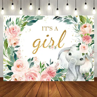 Aperturee Pink Floral Elephant Its Girl Baby Shower Backdrop