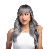 19-Inch Subtle Blue-tinted Smokey Silver Ombré (Black Roots) Gentle Wave Synthetic Wig | 【Heat Resistant】【Cap Included...