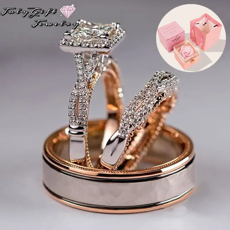 Two Tone Sparkling Rings  for Women ,Valentine's Day gift,Anniversary Bridal Promise Rings Set