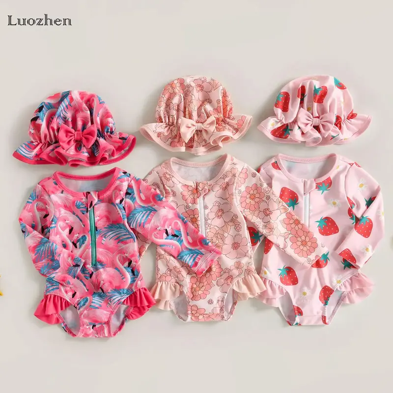 Girls Infant Baby Sun Protection Swimsuit, Long Sleeve Strawberry Print Cute  Swimsuit + Sun Hat Swimmingoutfit Swimoutfit