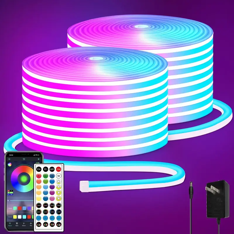 RGB LED neon Rope Lights LED neon Lights with Remote/APP Control 24V IP65 Waterproof Flexible Neon LED Strip Lights for Bedro...