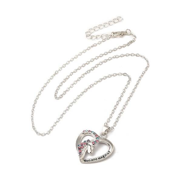 Colorful Rhinestone Heart with Unicorn Pandant Necklace with Cable Chains
