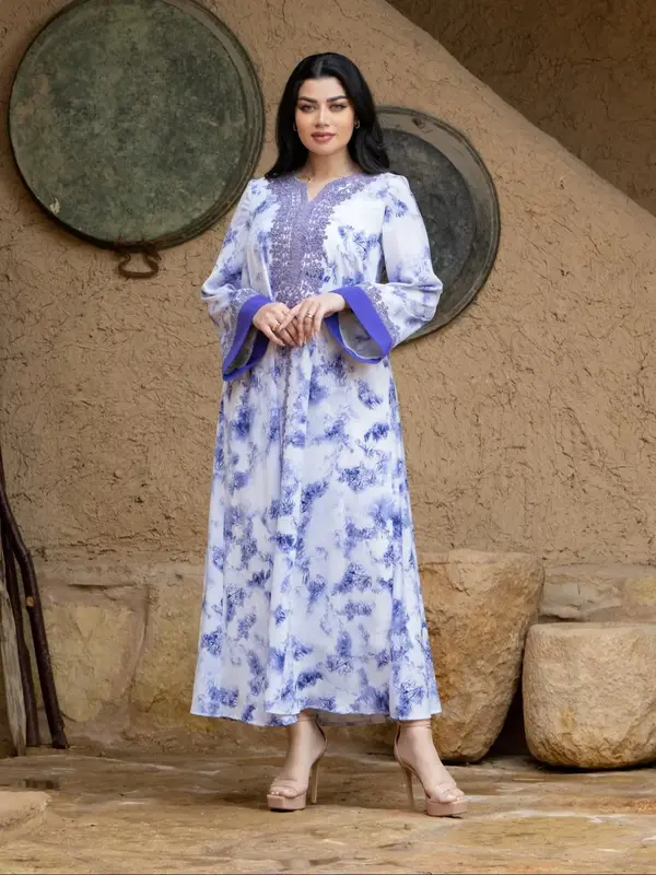 Women's Floral Print V Neck Long Sleeve Dress, Elegant Casual Long Dress for Daily Outdoor Wear, Ladies Clothes for All Seaso...