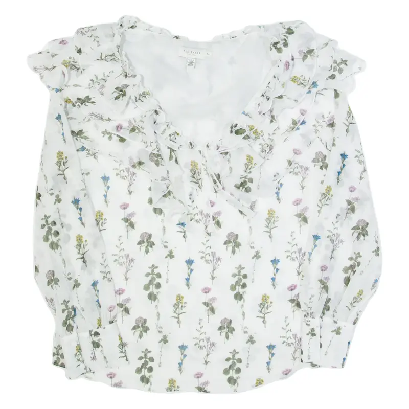 TED BAKER Womens Printed Blouse White V-Neck Long Sleeve Floral S