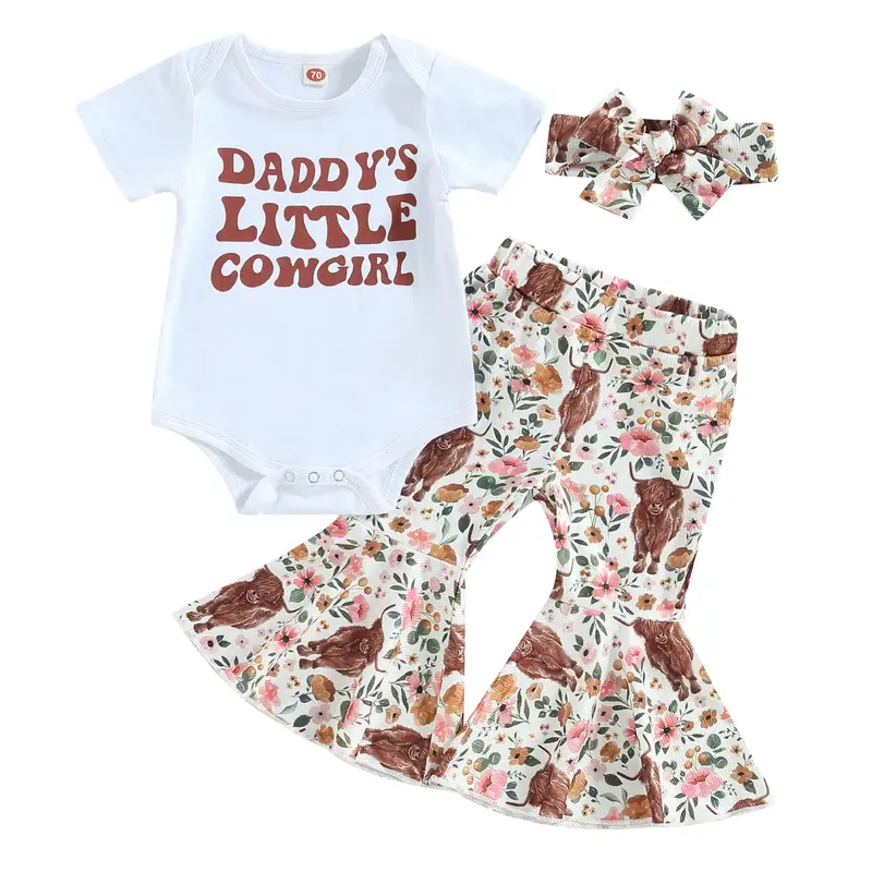 3Pcs Baby Girl Clothes Short Sleeve Letter Romper + Floral Cow Print Flare Pants + Headband Western Cowgirl Outfit Set