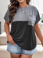 【Plus Size】 Patchwork Print Pocket Drop Shoulder Tee, Casual Short Sleeve Round Neck T-shirt for Summer, Women's T Shirts...