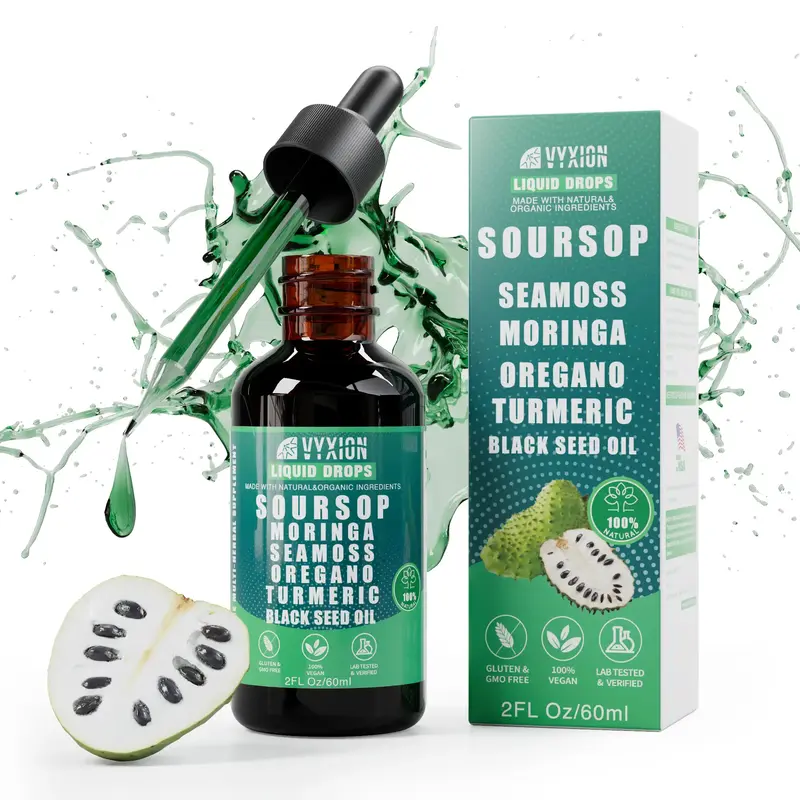 VYXION 10 In 1 Soursop Liquid Drops, ALL-IN-ONE Extract - Seamoss,Moringa,Black Seed Oil,Turmeric,Oregano Liquid,Multi-Vitami...