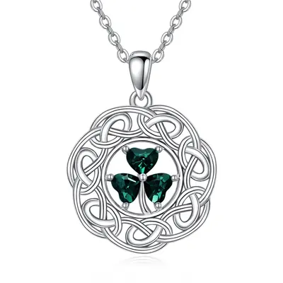 Sterling Silver Heart Zircon Shamrock & Celtic Knot Pendant Necklace