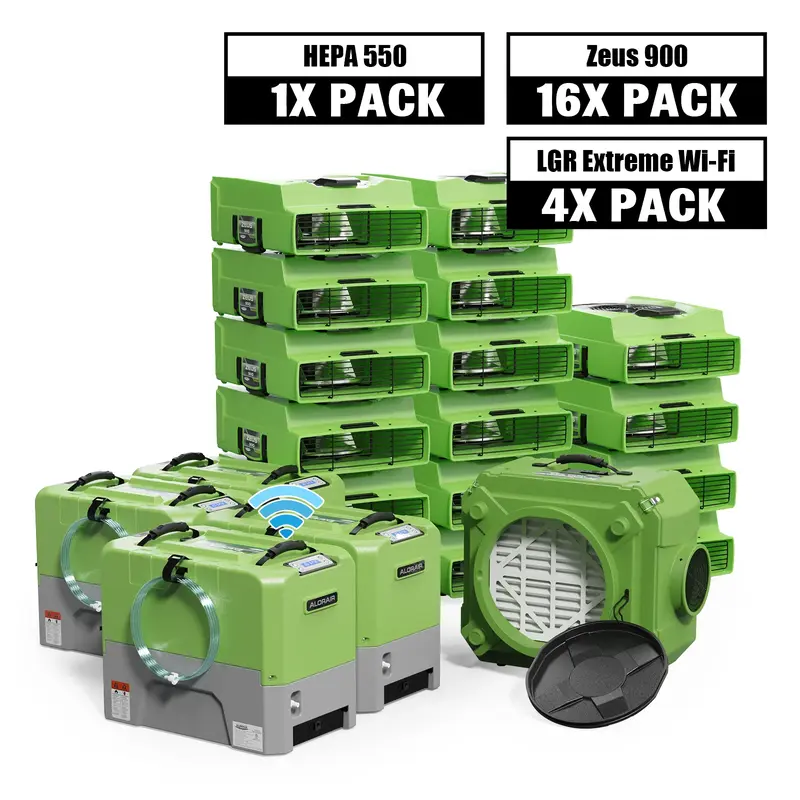 AlorAir® Water Damage Restoration Equipment Packagerm LGR Extreme Wi-Fi 85 Pint, 4 x Sto Commercial Dehumidifier, 16 x - Gre...