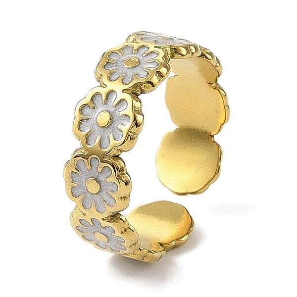 Flower 304 Stainless Steel Enamel Open Cuff Rings for Women