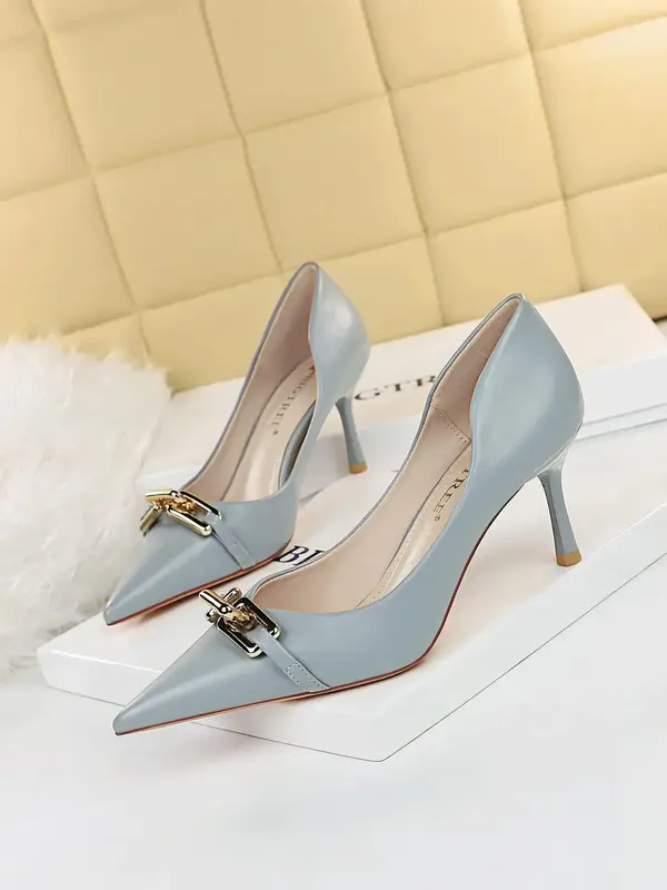 Women's Elegant Pointed Toe Metal Buckle Decoration Stiletto Heels, 2025 New Style Trendy Gorgeous High Heel Shoes, Chic All-...