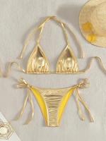 Women's Metallic Textured Tie Back Bikini Set, Casual Halter Neck Triangle Swim Top & Tie Side Swim Bottom Set, Fashion Chic ...
