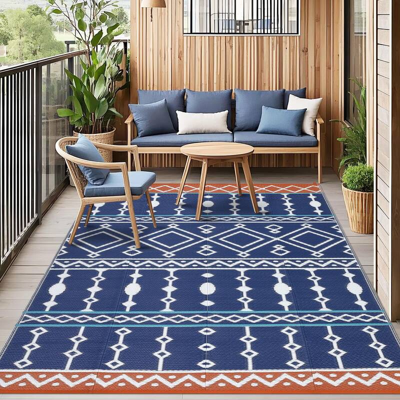 Garvee Outdoor Blue 9x18 Rug Waterproof Reversible Durable Plastic Straw Heat-Treated Edges Foldable for Camping Patio RV