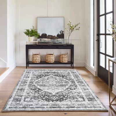 Garvee Grey 5x7 Area Rug - Stain Resistant Washable Rug, Non-Slip Backing, Low Profile, for Living Room, Bedroom, and Dining ...
