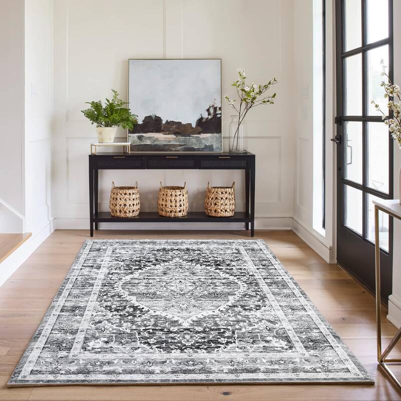 Garvee Grey 5x7 Area Rug - Stain Resistant Washable Rug, Non-Slip Backing, Low Profile, for Living Room, Bedroom, and Dining ...