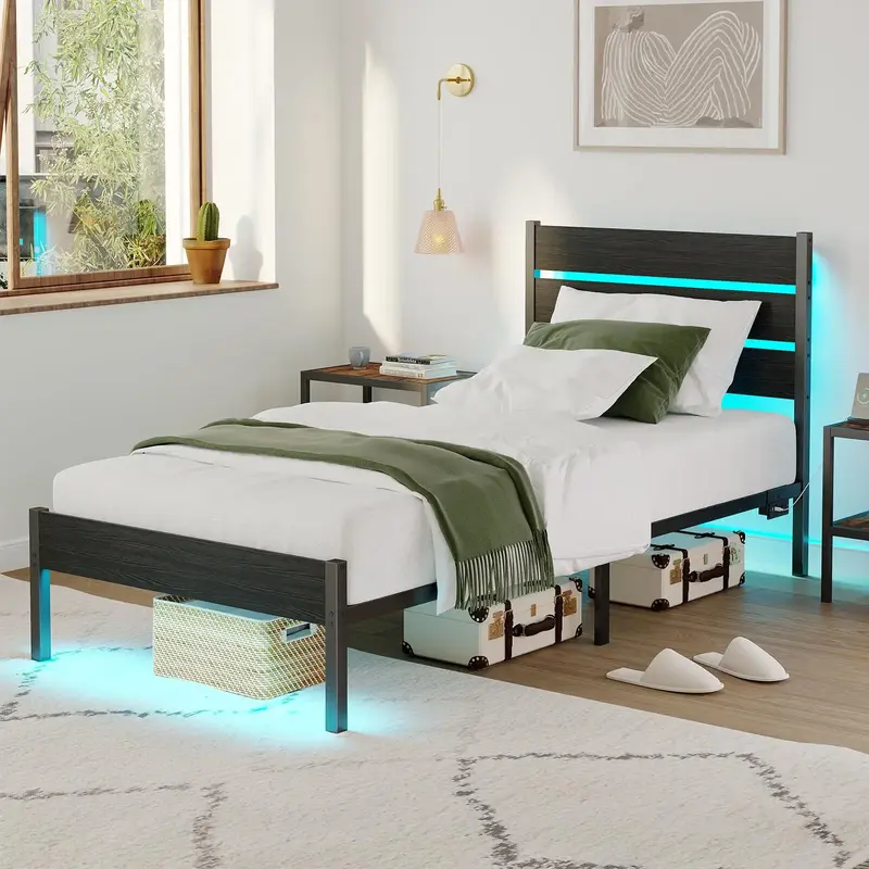 CollaredEagle Twin/Full Bed Frame with Charging Station, LED Light Metal Bed Frame with Wooden Headboard, No Box Spring Requi...