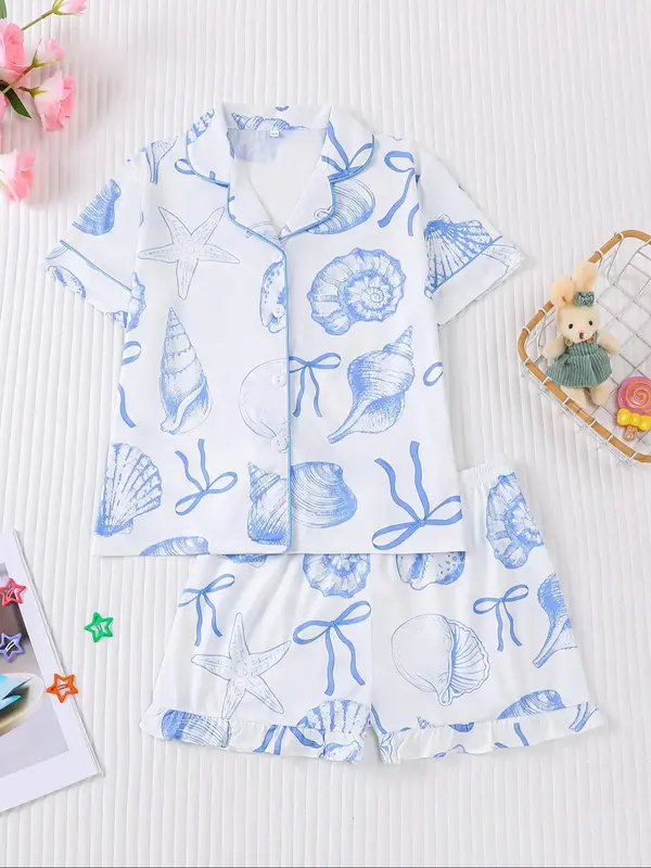 Children's Leisure Pajamas, Summer New Casual Short Sleeves Shirt & Shorts, Fashionable Leisure Marine Pattern, Children's Me...