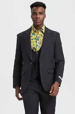 Mens Stacy Adams Suit - Stacy Adams Suit Men's Designer Suit - Charcoal, One Button Peak Lapel with Vest