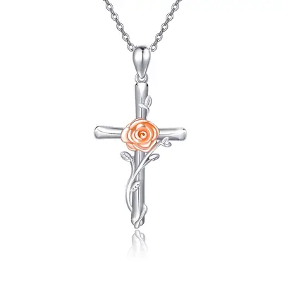 Sterling Silver Two-tone Rose & Cross Pendant Necklace