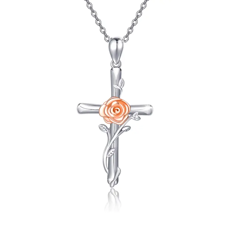 Sterling Silver Two-tone Rose & Cross Pendant Necklace