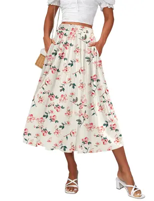 Zeagoo Women's Midi Skirts High Waisted Pleated A-Line Swing Skirts Summer Floral Long Skirts with Pockets