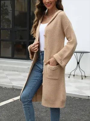 V-Neck LooseWomen's Hooded Button Down Cardigan 2025 Fall Long Sleeve Knit Sweater, Casual Chunky Open Front Oversized Outerw...