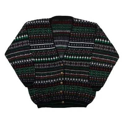 Mens Patterned Cardigan Black Crazy Pattern V-Neck Tight Knit XL
