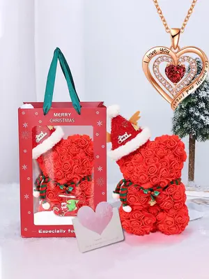 Cute Letter Design Pendant Necklace with Bear Shaped Flower Design Gift Box, Rhinestone Decorated Necklace, Fashion Jewelry A...