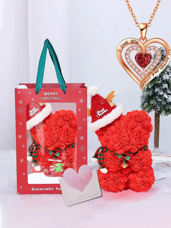 Cute Letter Design Pendant Necklace with Bear Shaped Flower Design Gift Box, Rhinestone Decorated Necklace, Fashion Jewelry A...