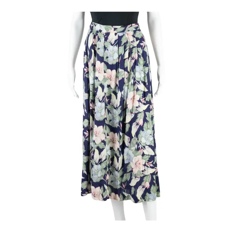 ILGWU Long Flare Skirt Blue 90s Floral Womens S