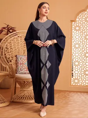 Women's Geometric Print Long Sleeve Abaya, Modest Casual Open Front Kaftan Maxi Muslim Dress for Daily Wear, Ladies Islamic C...